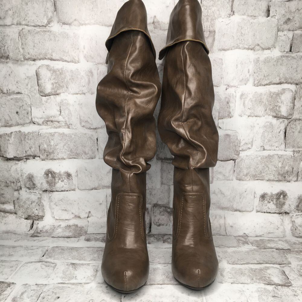 Knee High Boots Women's Size 8 Tall Slouchy Folded Cuff Round Toe Taupe Brown